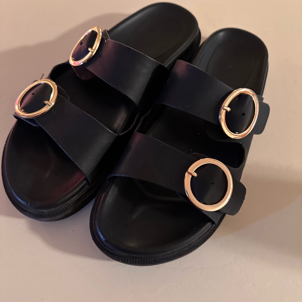 Banana Republic Factory Black Slide Sandals with Gold Buckles